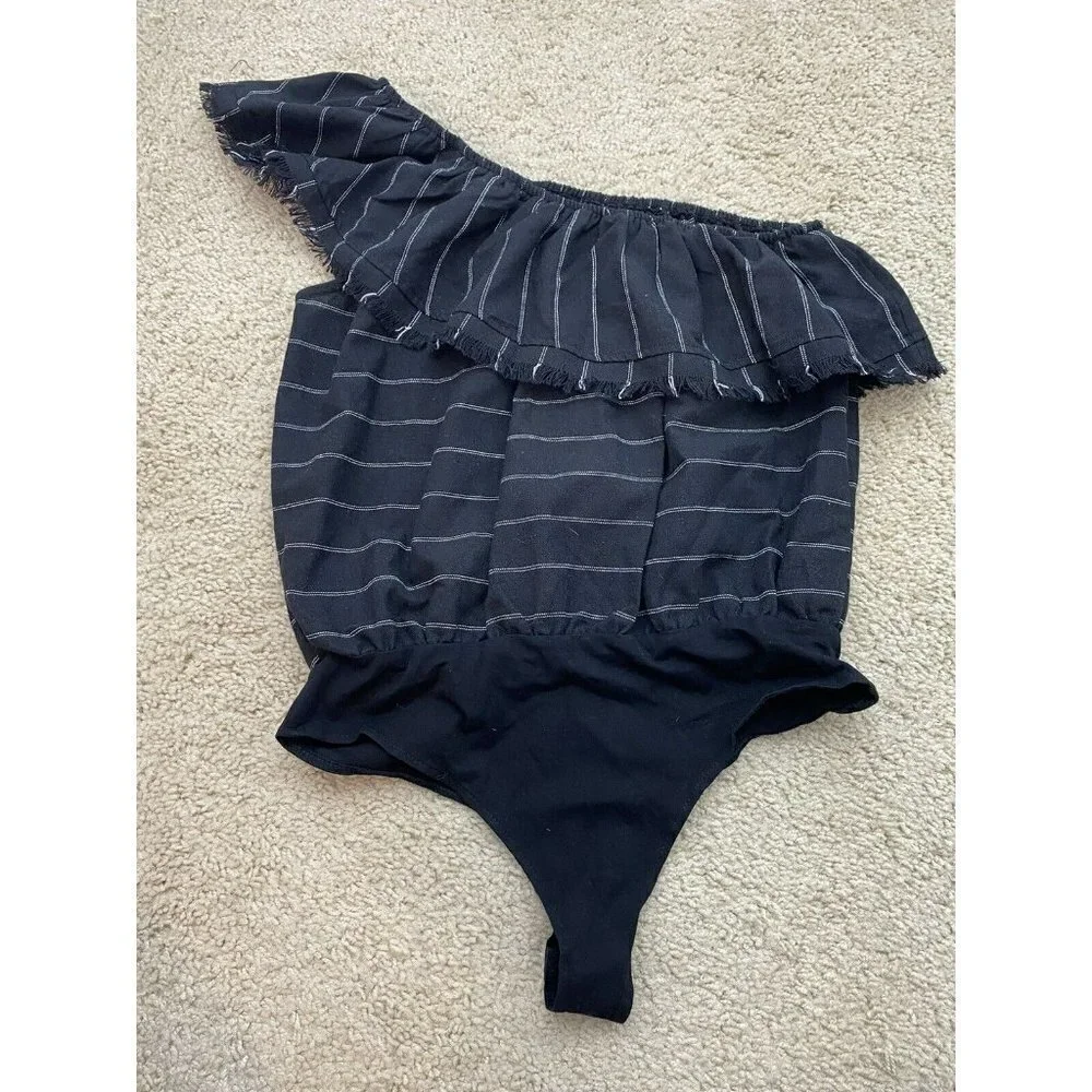 Promesa Womens Bodysuit Size M NWT One Shoulder Striped Ruffled Top - Picture 2 of 6